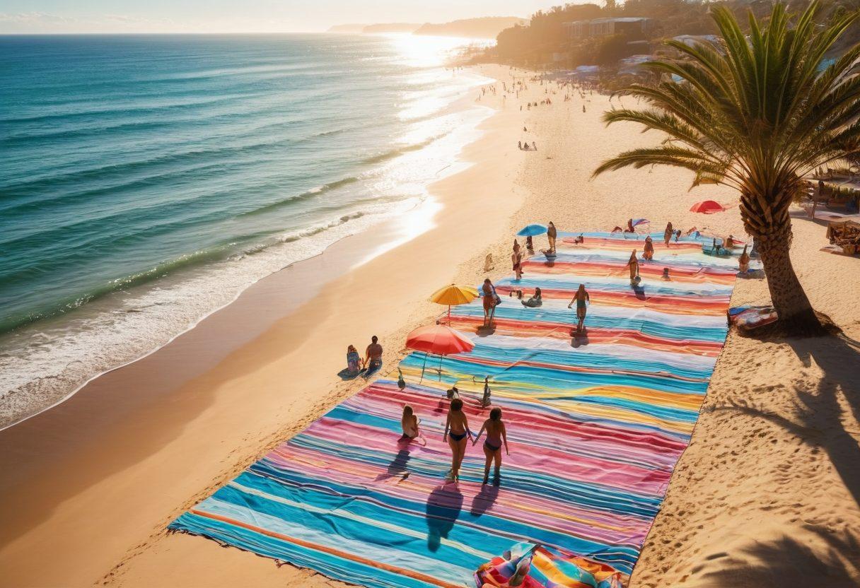 A vibrant beach scene featuring a diverse group of people wearing stylish swimwear, including chic bikinis and trendy beach cover-ups. The setting should be sunny, with palm trees swaying in the background, colorful beach towels laid out, and a sparkling ocean in the distance. Capture the playful and fashionable vibe with bright colors and lively expressions. Illustrate a sense of summer fun and confidence. super-realistic. vibrant colors. sunny background.